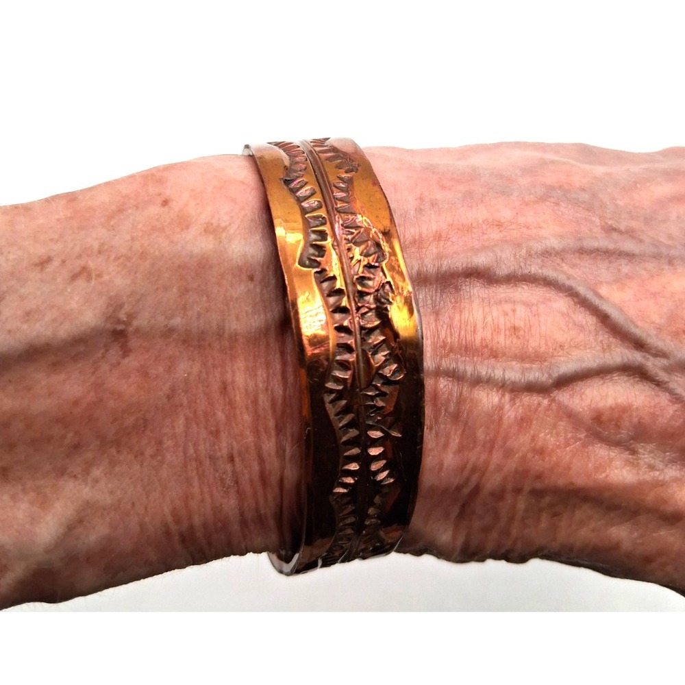 Vintage Copper Cuff Bracelet Hand Chiseled Geometric Design Artisan Open Back